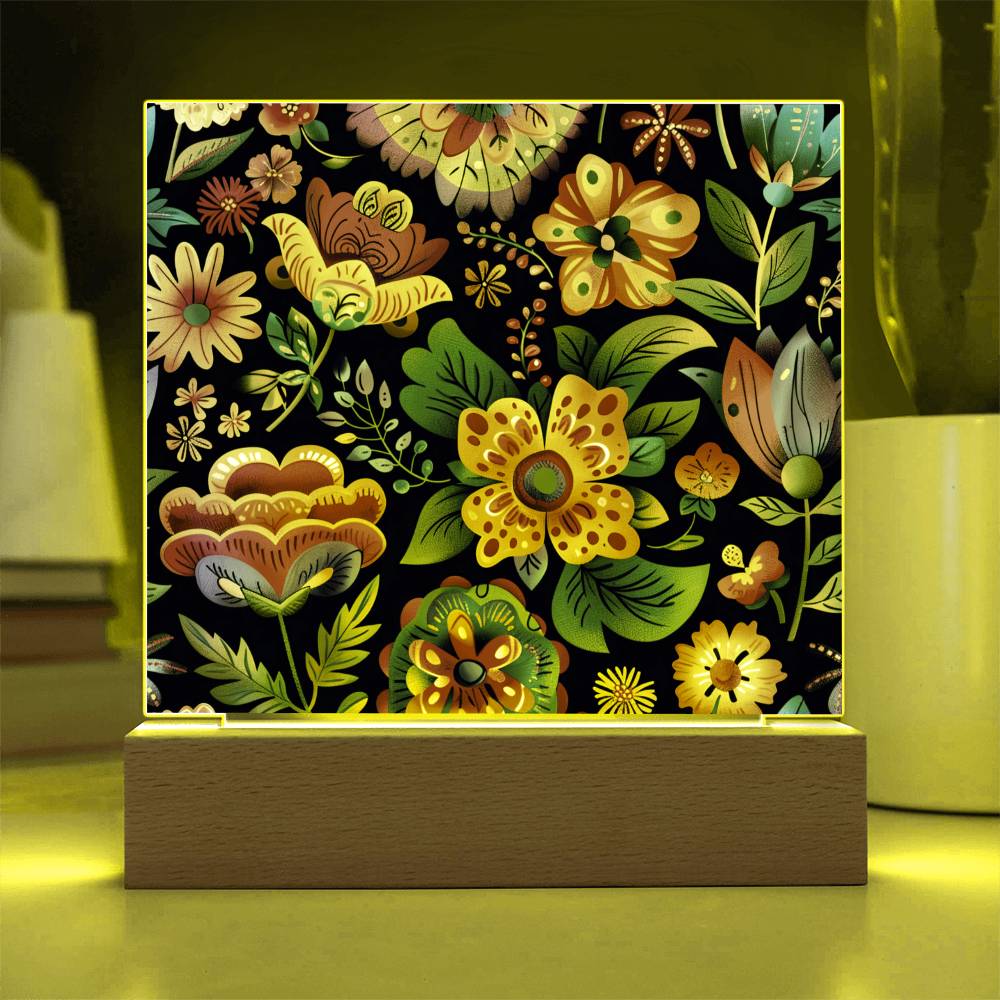 Mexican Floral Fiesta Pattern 068 - Square Acrylic Plaque With LED Base
