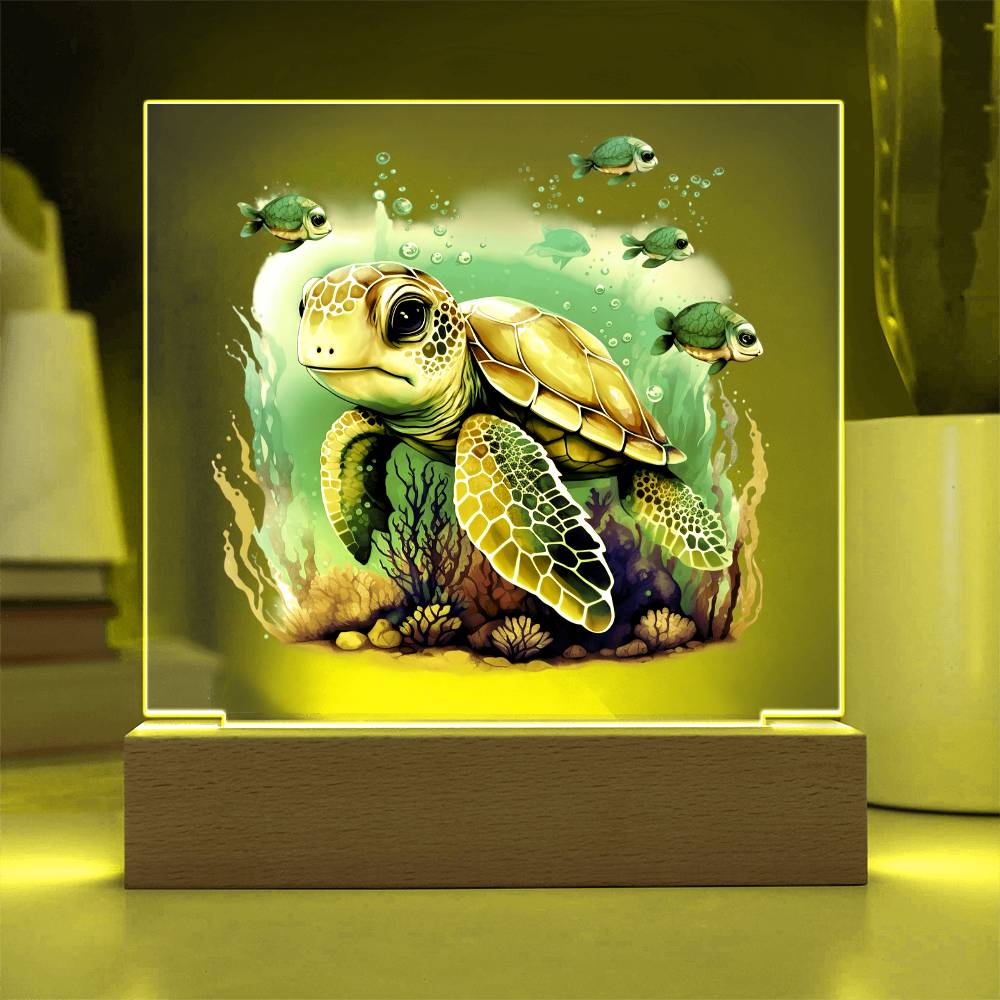 Cute Sea Turtle 002 - Square Acrylic Plaque With LED Base