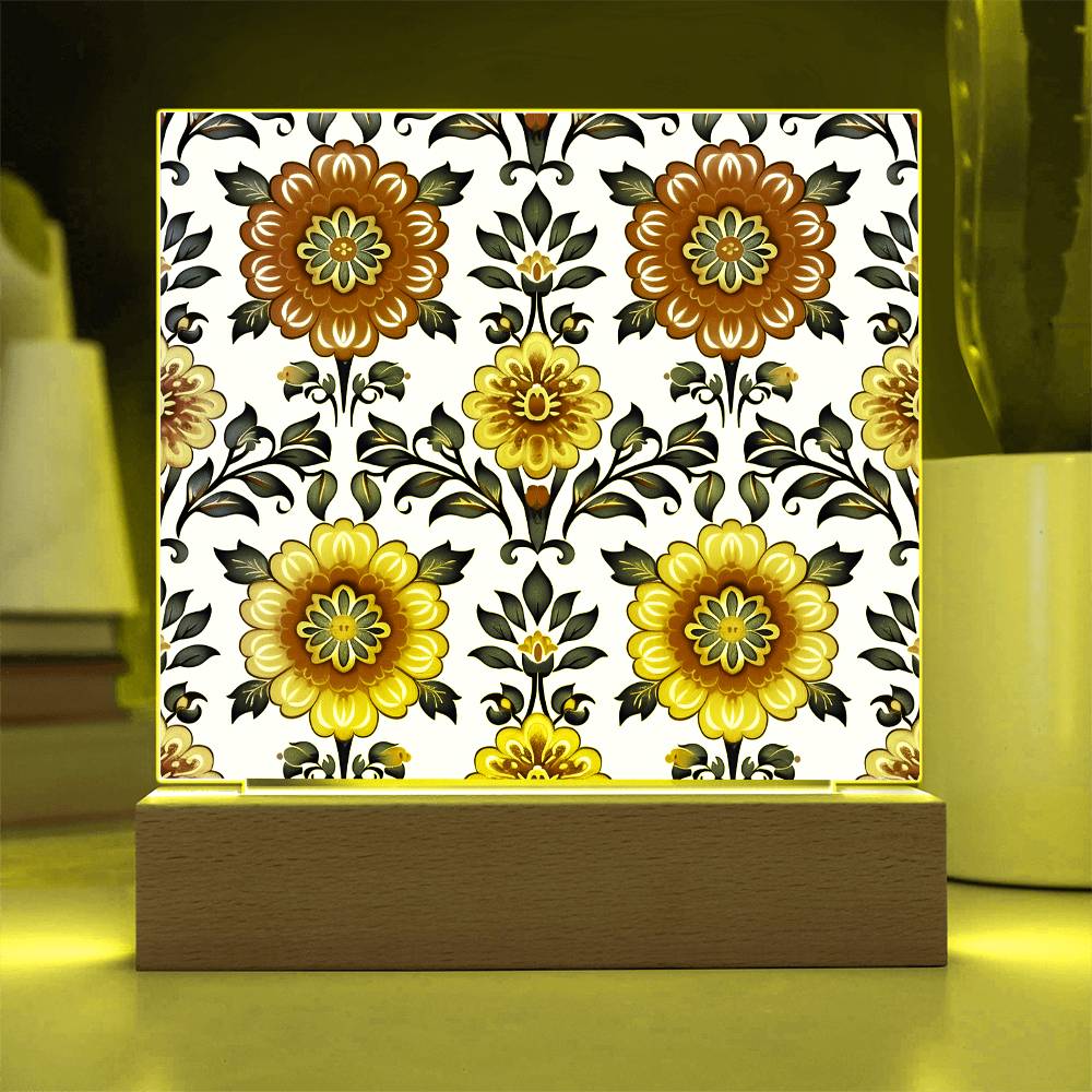 Mexican Floral Fiesta Pattern 044 - Square Acrylic Plaque With LED Base