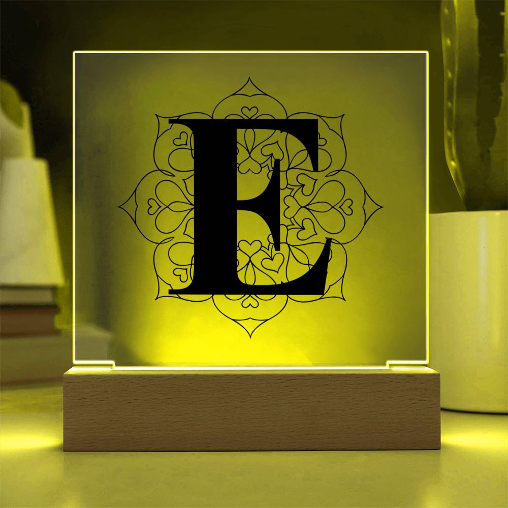 Magnolia Mandala Alphabet Letter E - Square Acrylic Plaque With LED Base