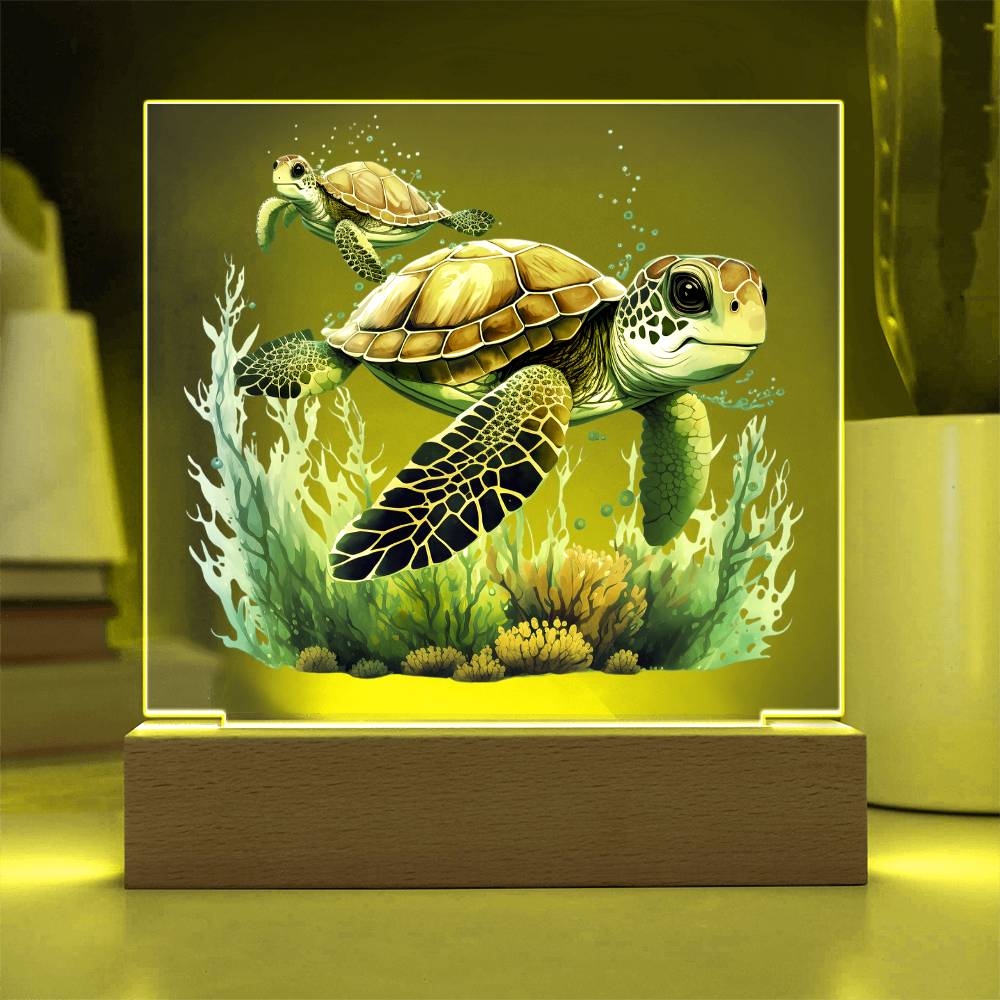 Cute Sea Turtle 009 - Square Acrylic Plaque With LED Base