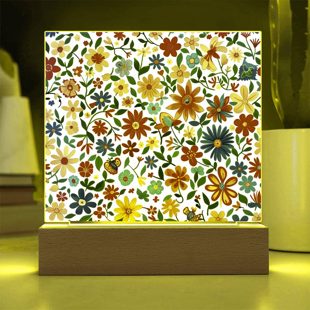 Mexican Floral Fiesta Pattern 009 - Square Acrylic Plaque With LED Base