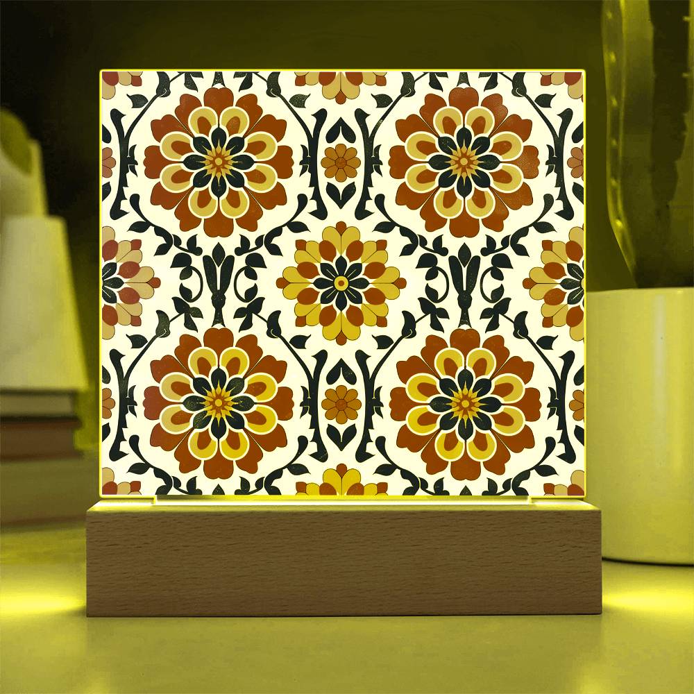 Mexican Floral Fiesta Pattern 047 - Square Acrylic Plaque With LED Base
