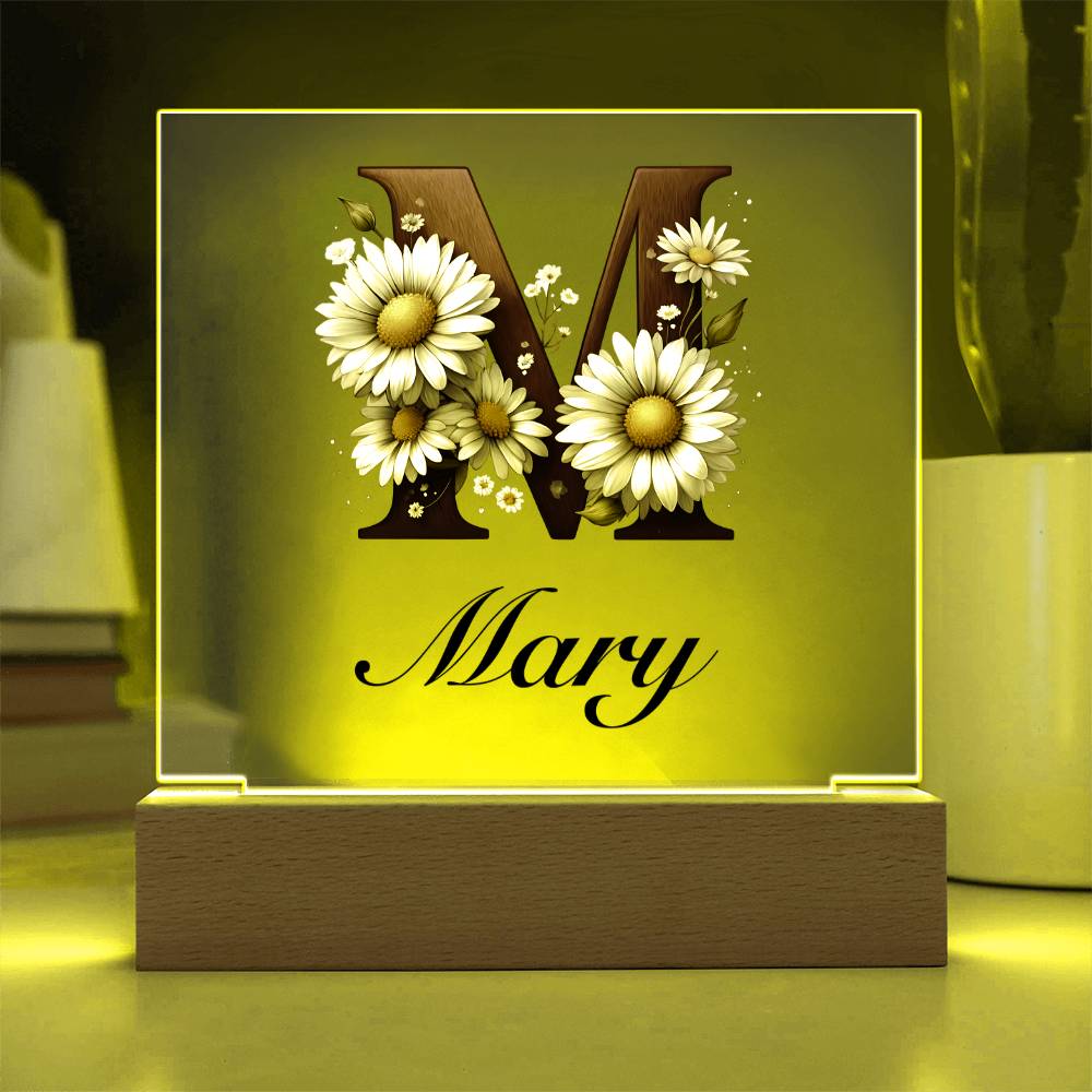 Mary (Daisies) - Square Acrylic Plaque With LED Base