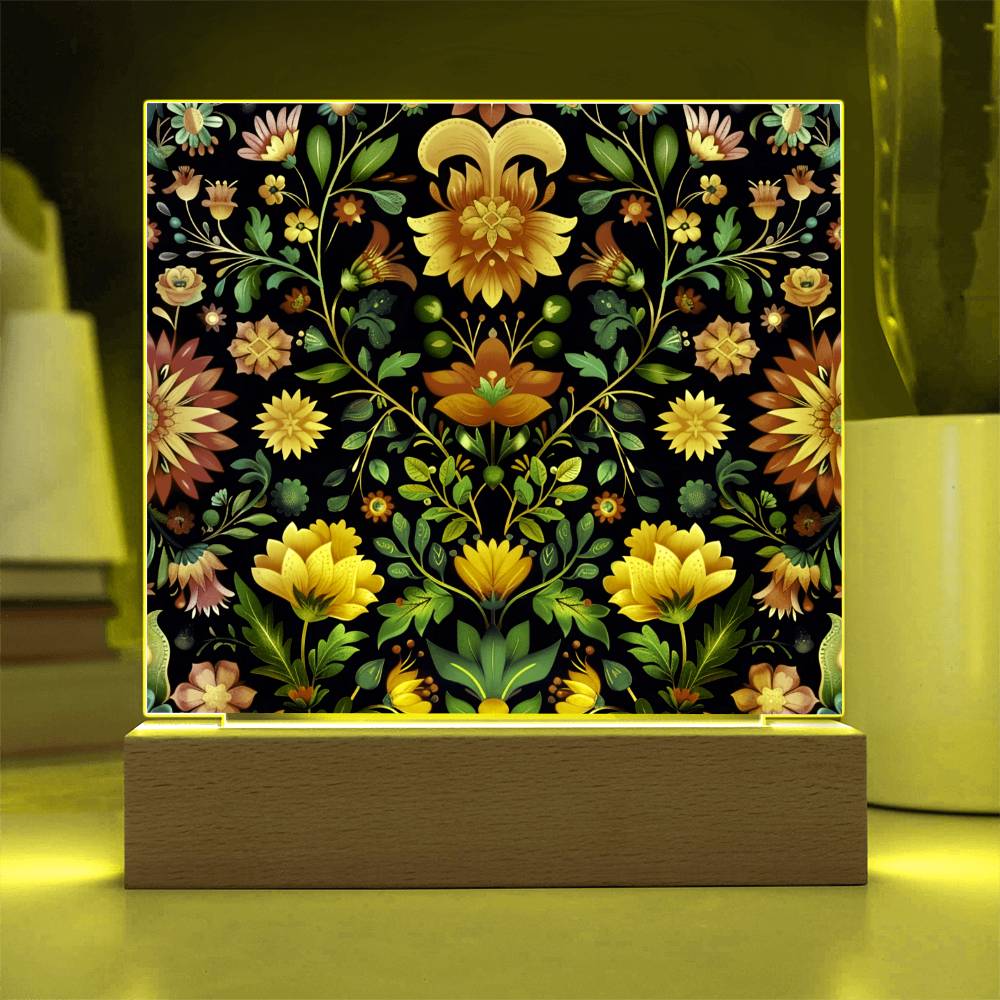Mexican Floral Fiesta Pattern 063 - Square Acrylic Plaque With LED Base