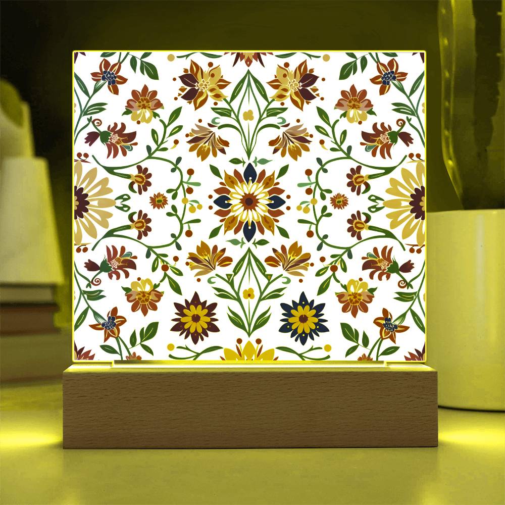 Mexican Floral Fiesta Pattern 027 - Square Acrylic Plaque With LED Base