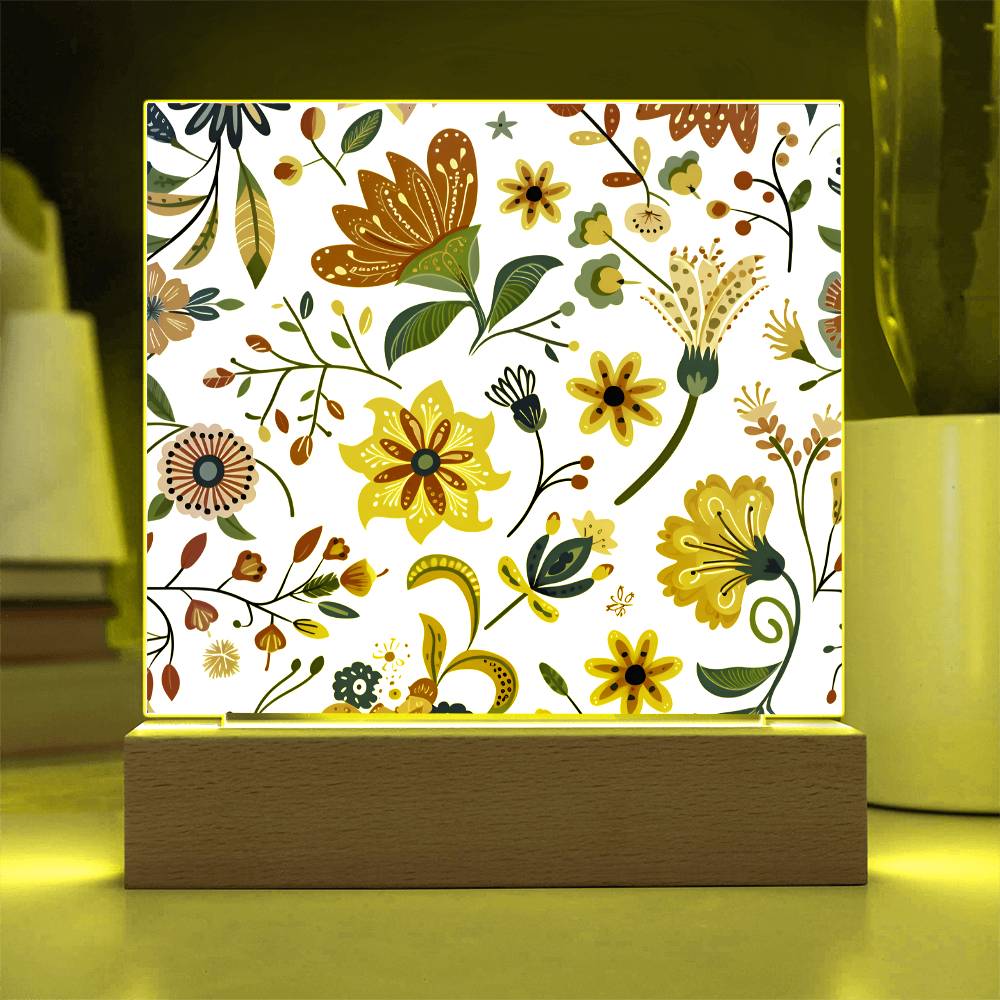 Mexican Floral Fiesta Pattern 019 - Square Acrylic Plaque With LED Base