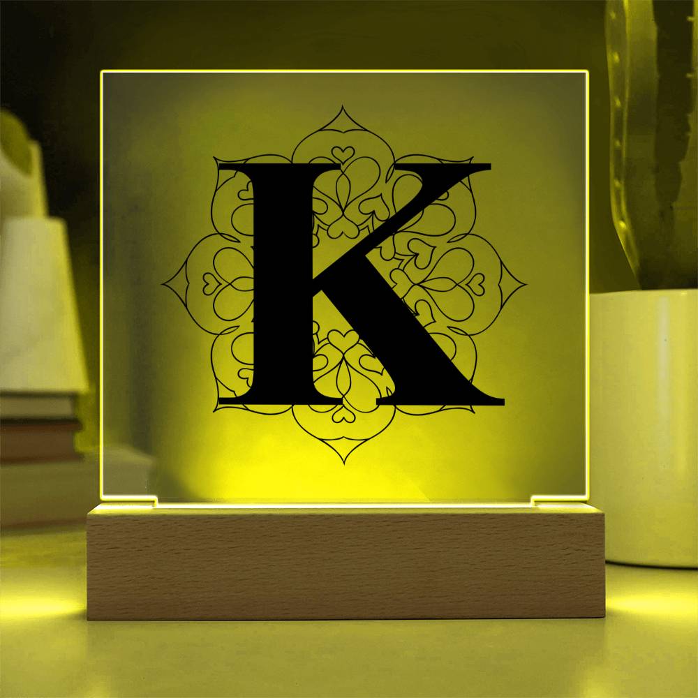 Magnolia Mandala Alphabet Letter K - Square Acrylic Plaque With LED Base