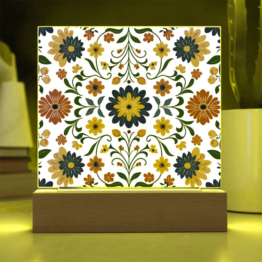Mexican Floral Fiesta Pattern 016 - Square Acrylic Plaque With LED Base