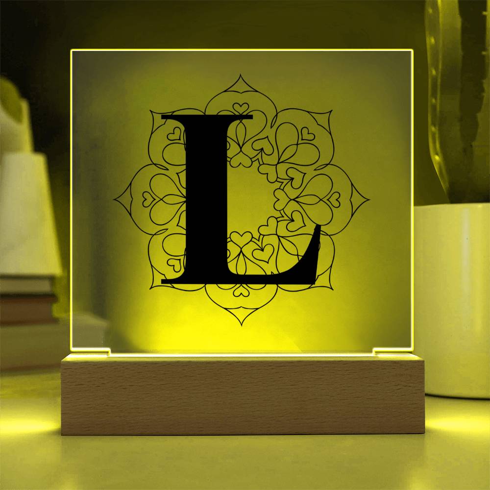 Magnolia Mandala Alphabet Letter L - Square Acrylic Plaque With LED Base