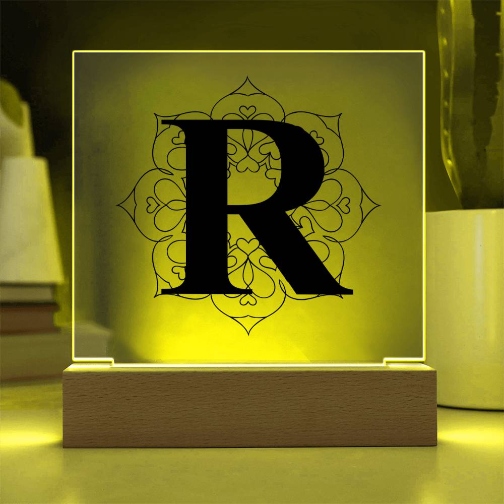 Magnolia Mandala Alphabet Letter R - Square Acrylic Plaque With LED Base
