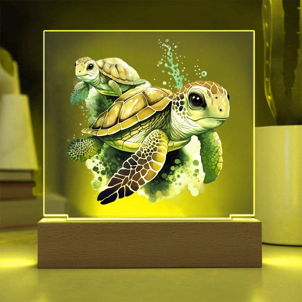 Cute Sea Turtle 011 - Square Acrylic Plaque With LED Base