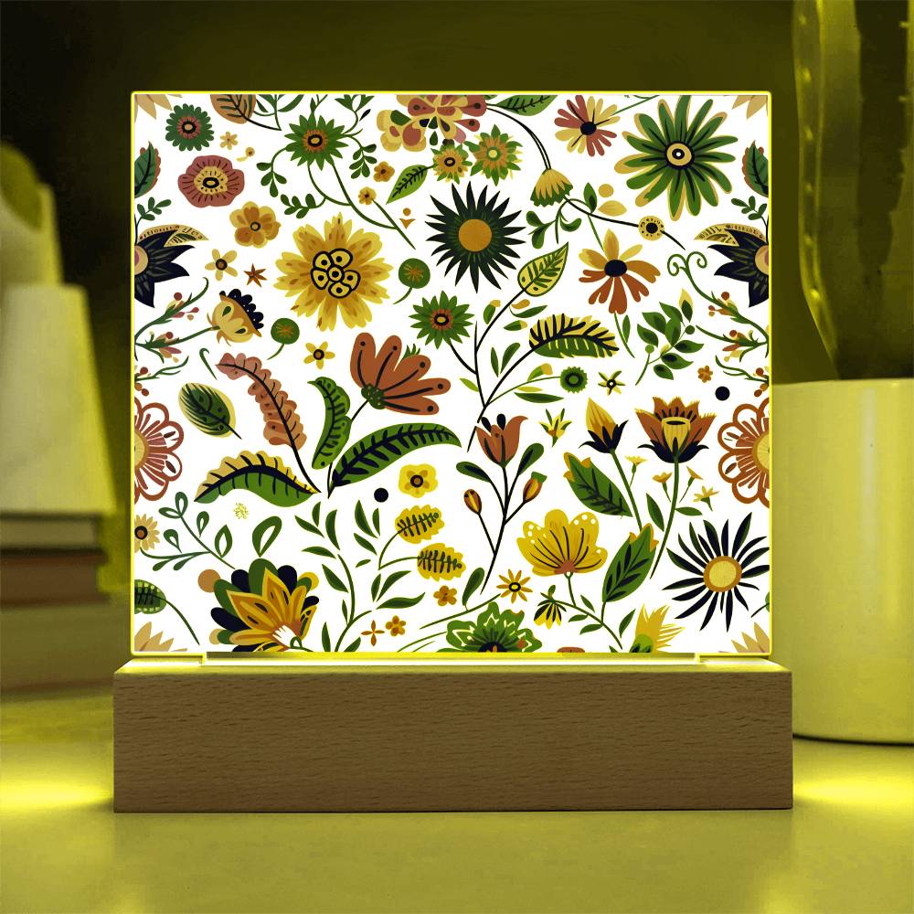 Mexican Floral Fiesta Pattern 015 - Square Acrylic Plaque With LED Base