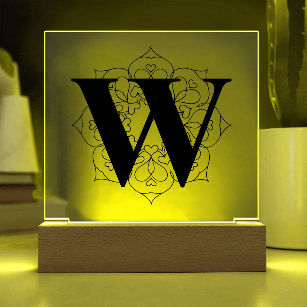 Magnolia Mandala Alphabet Letter W - Square Acrylic Plaque With LED Base