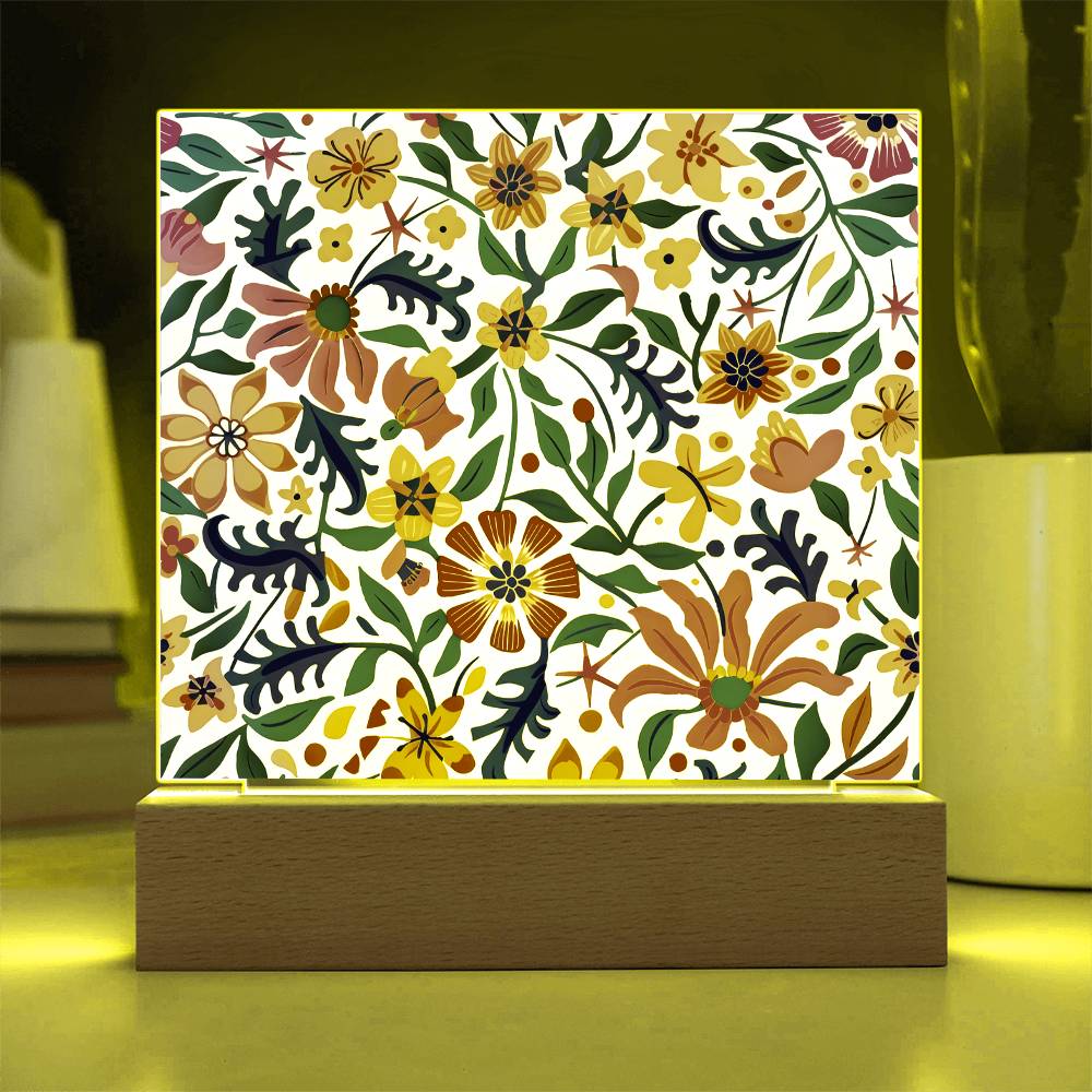 Mexican Floral Fiesta Pattern 003 - Square Acrylic Plaque With LED Base