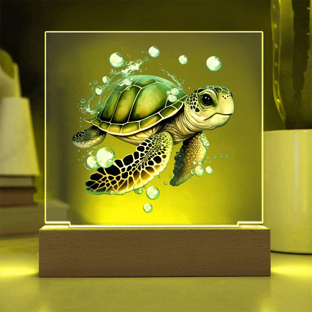 Cute Sea Turtle 005 - Square Acrylic Plaque With LED Base