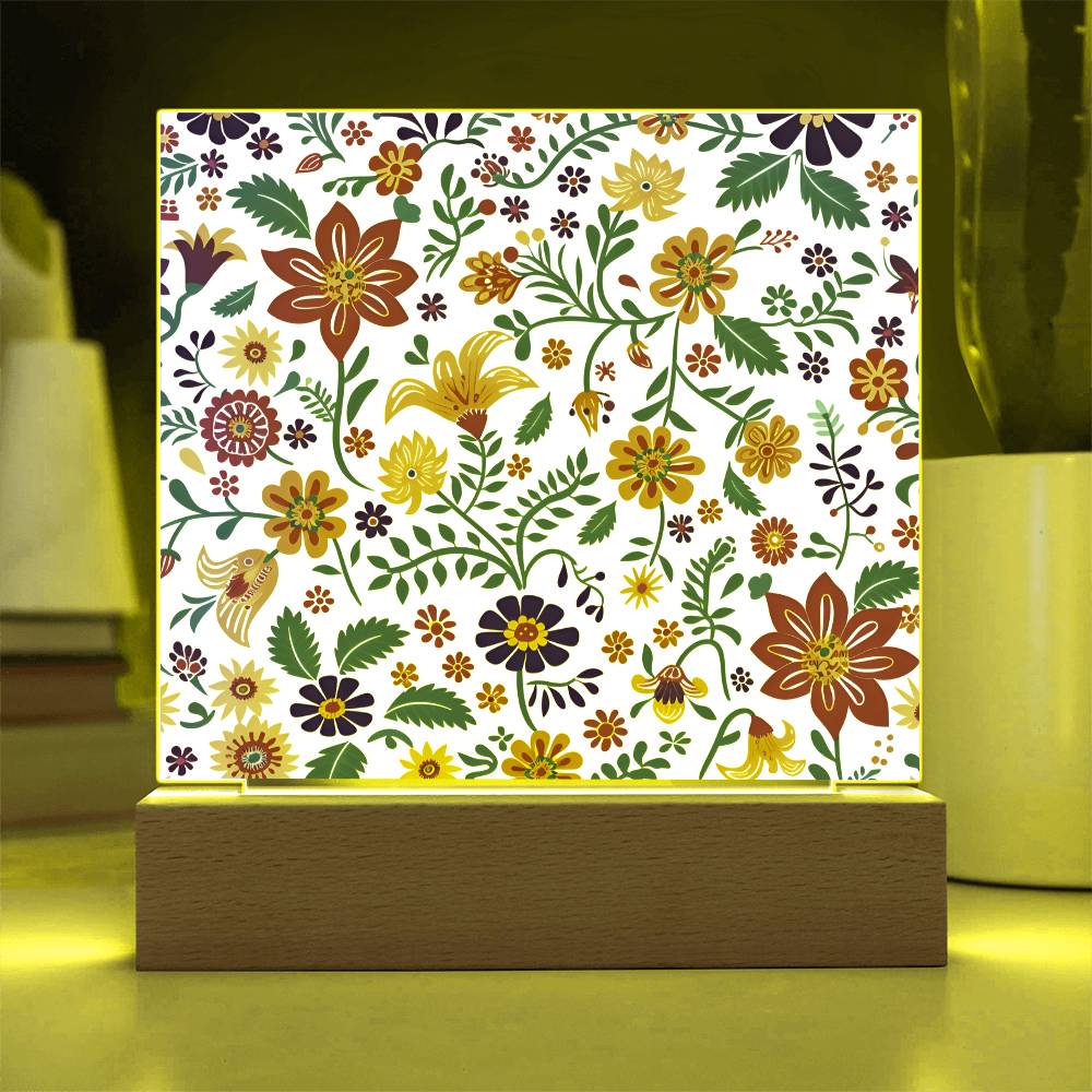 Mexican Floral Fiesta Pattern 013 - Square Acrylic Plaque With LED Base