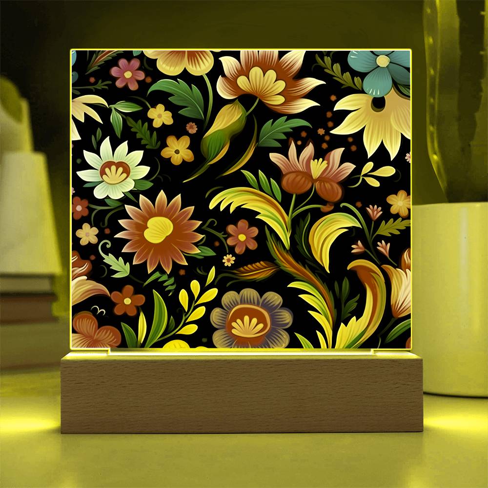 Mexican Floral Fiesta Pattern 033 - Square Acrylic Plaque With LED Base