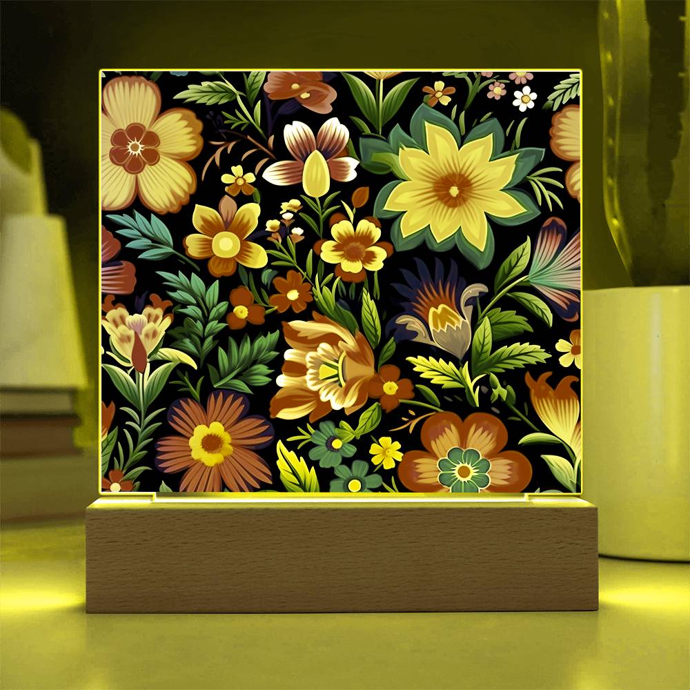 Mexican Floral Fiesta Pattern 030 - Square Acrylic Plaque With LED Base