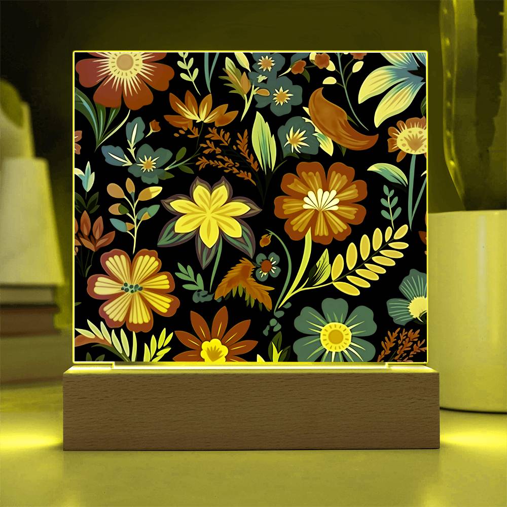 Mexican Floral Fiesta Pattern 035 - Square Acrylic Plaque With LED Base