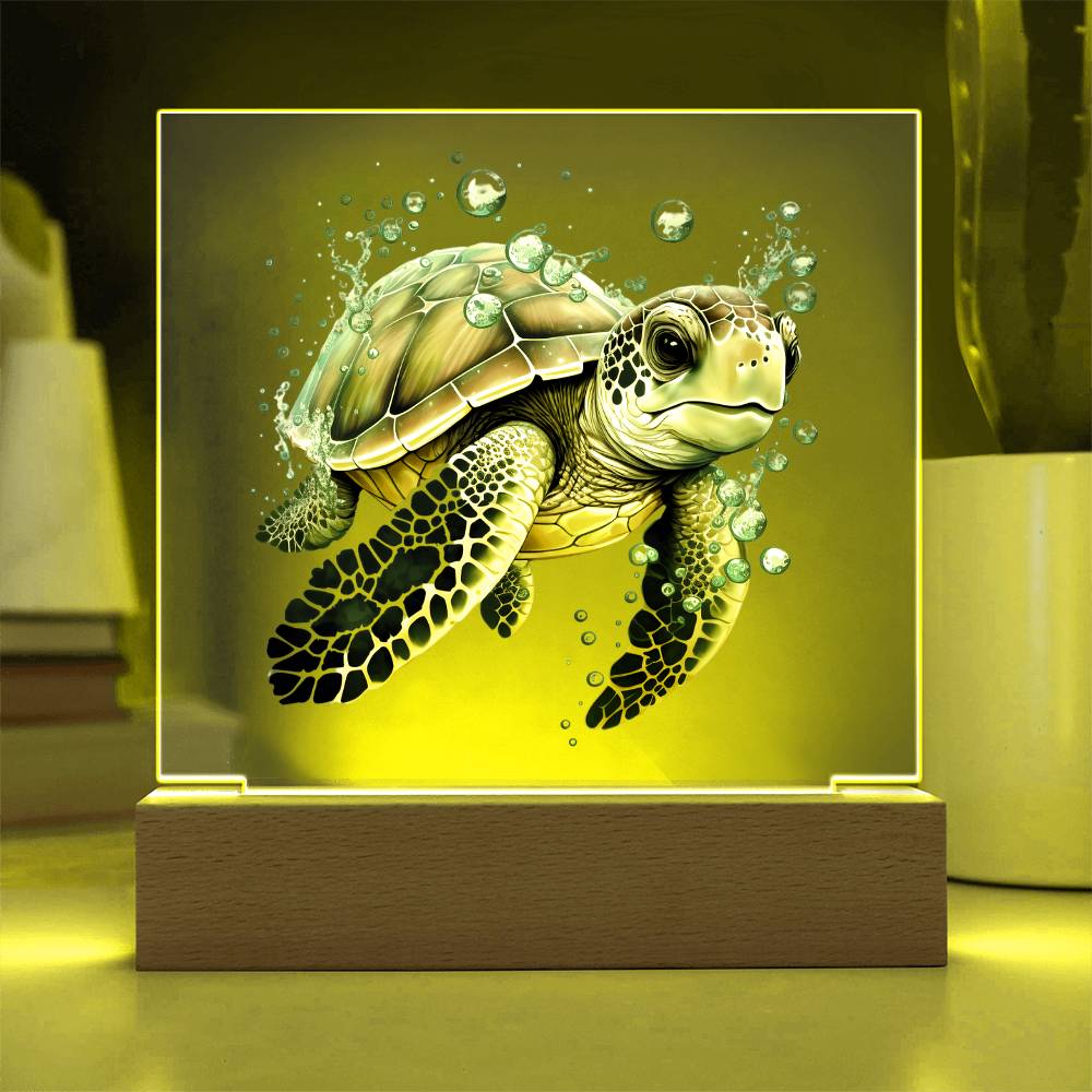 Cute Sea Turtle 004 - Square Acrylic Plaque With LED Base