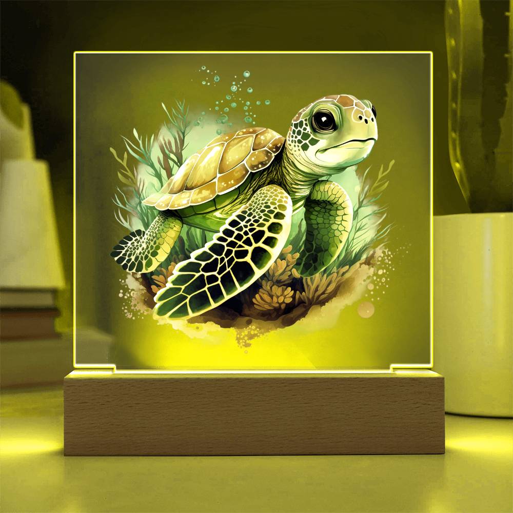 Cute Sea Turtle 007 - Square Acrylic Plaque With LED Base