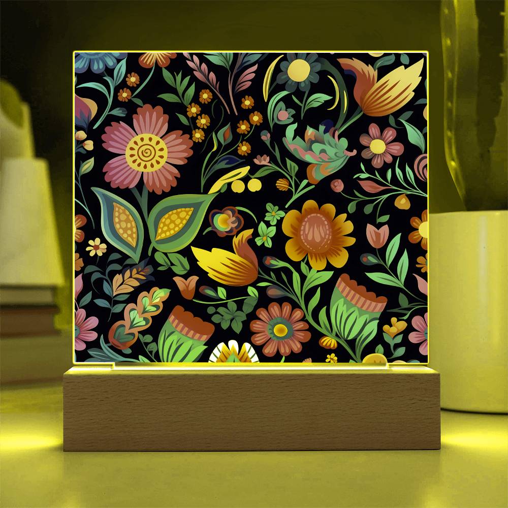 Mexican Floral Fiesta Pattern 049 - Square Acrylic Plaque With LED Base