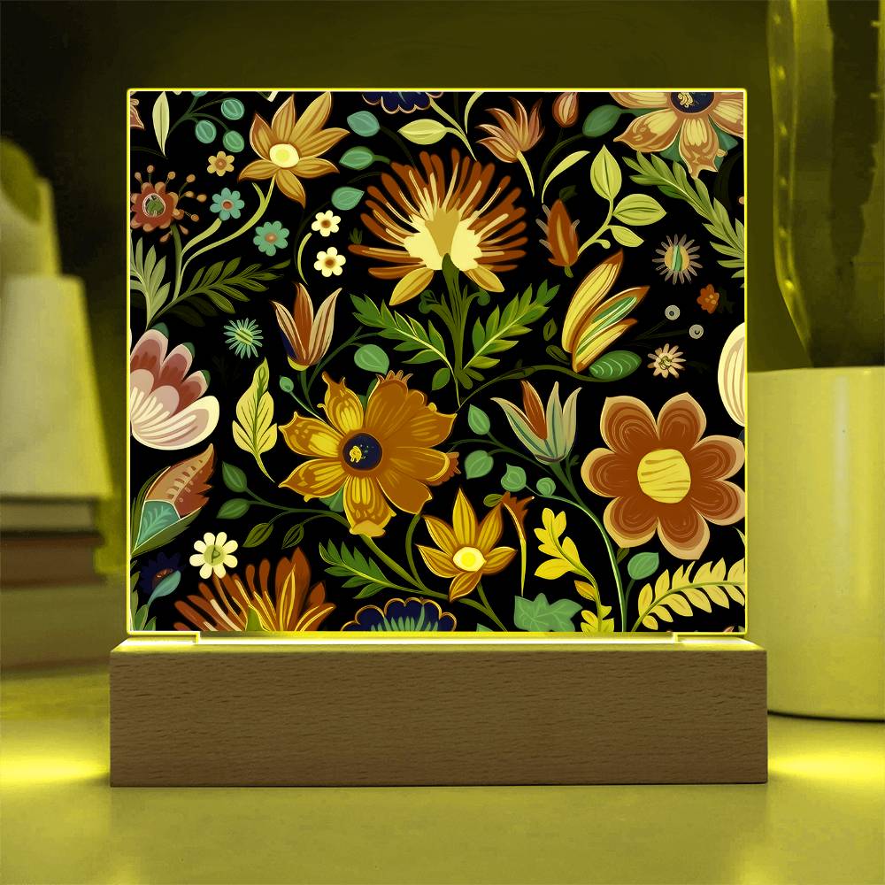 Mexican Floral Fiesta Pattern 039 - Square Acrylic Plaque With LED Base