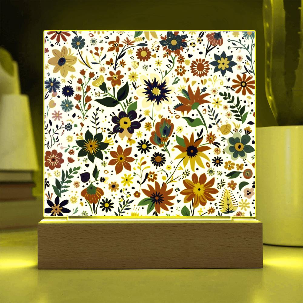 Mexican Floral Fiesta Pattern 062 - Square Acrylic Plaque With LED Base