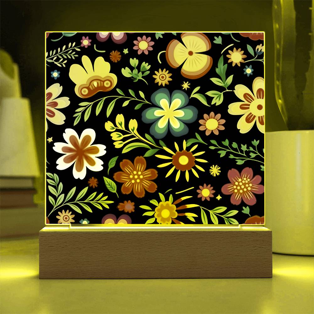 Mexican Floral Fiesta Pattern 032 - Square Acrylic Plaque With LED Base
