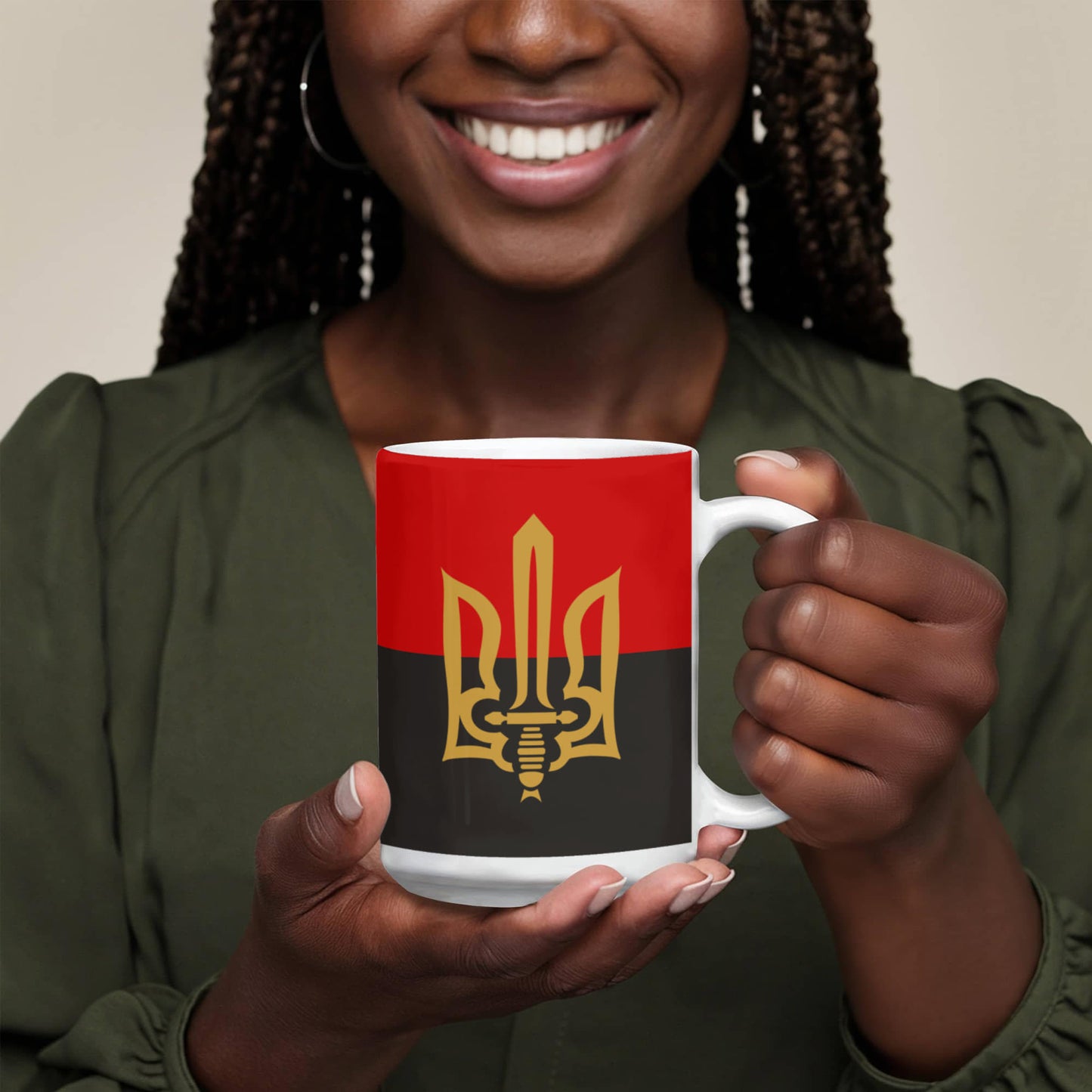 Stylized Tryzub And Red-Black Flag - 15oz White Ceramic Mug