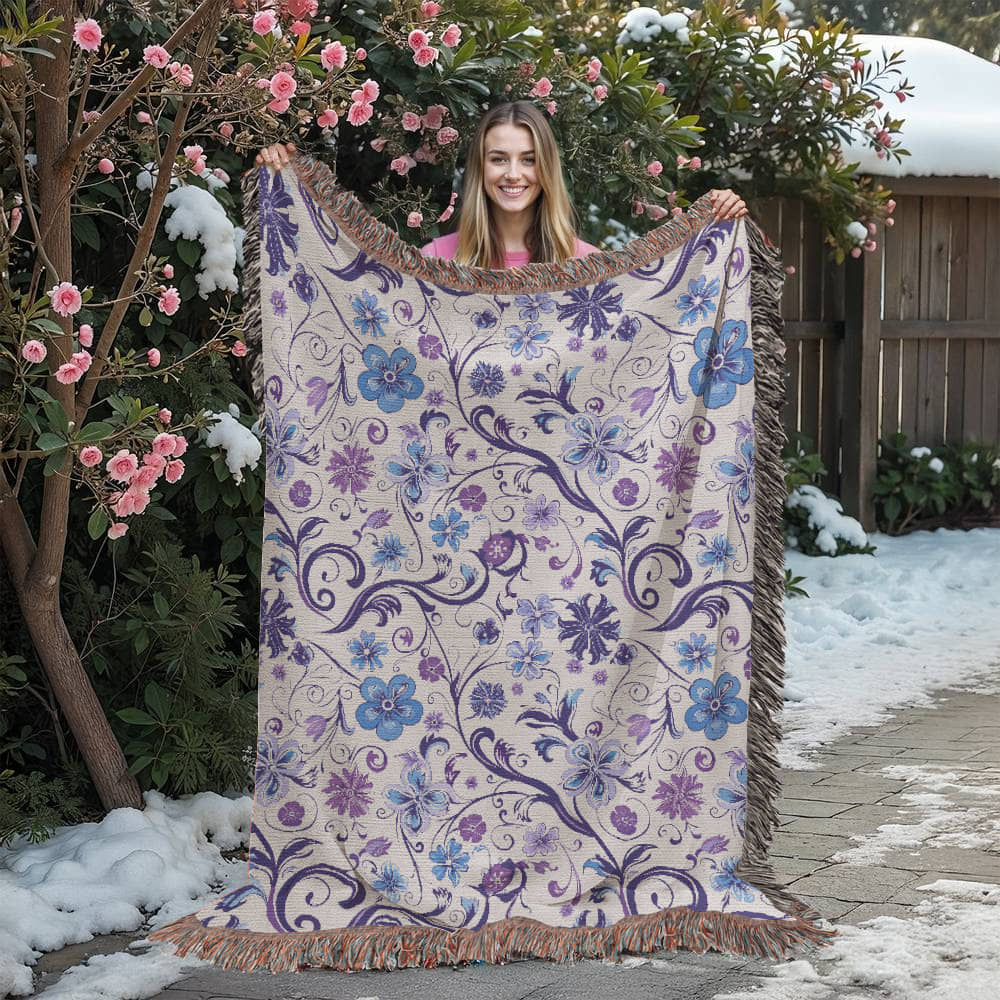Blue And Purple Floral Pattern 027 - 60" x 80" Heirloom Woven Blanket