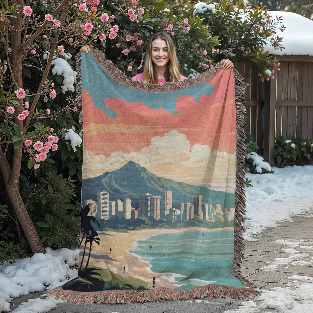 Famous Travel Destinations - Honolulu, Hawaii - 60" x 80" Heirloom Woven Blanket
