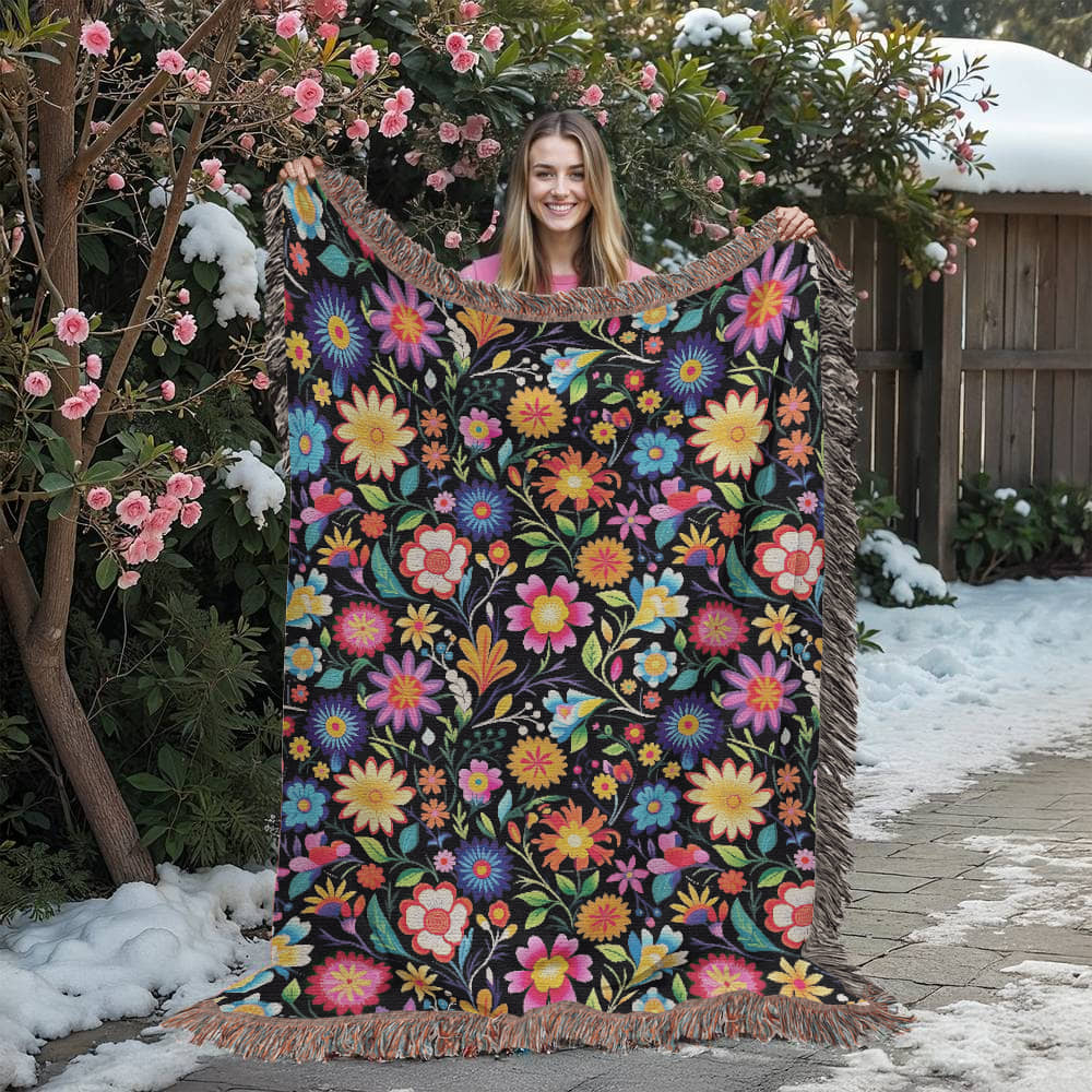 Mexican Floral Fiesta Pattern 028 - 60" x 80" Heirloom Woven Blanket