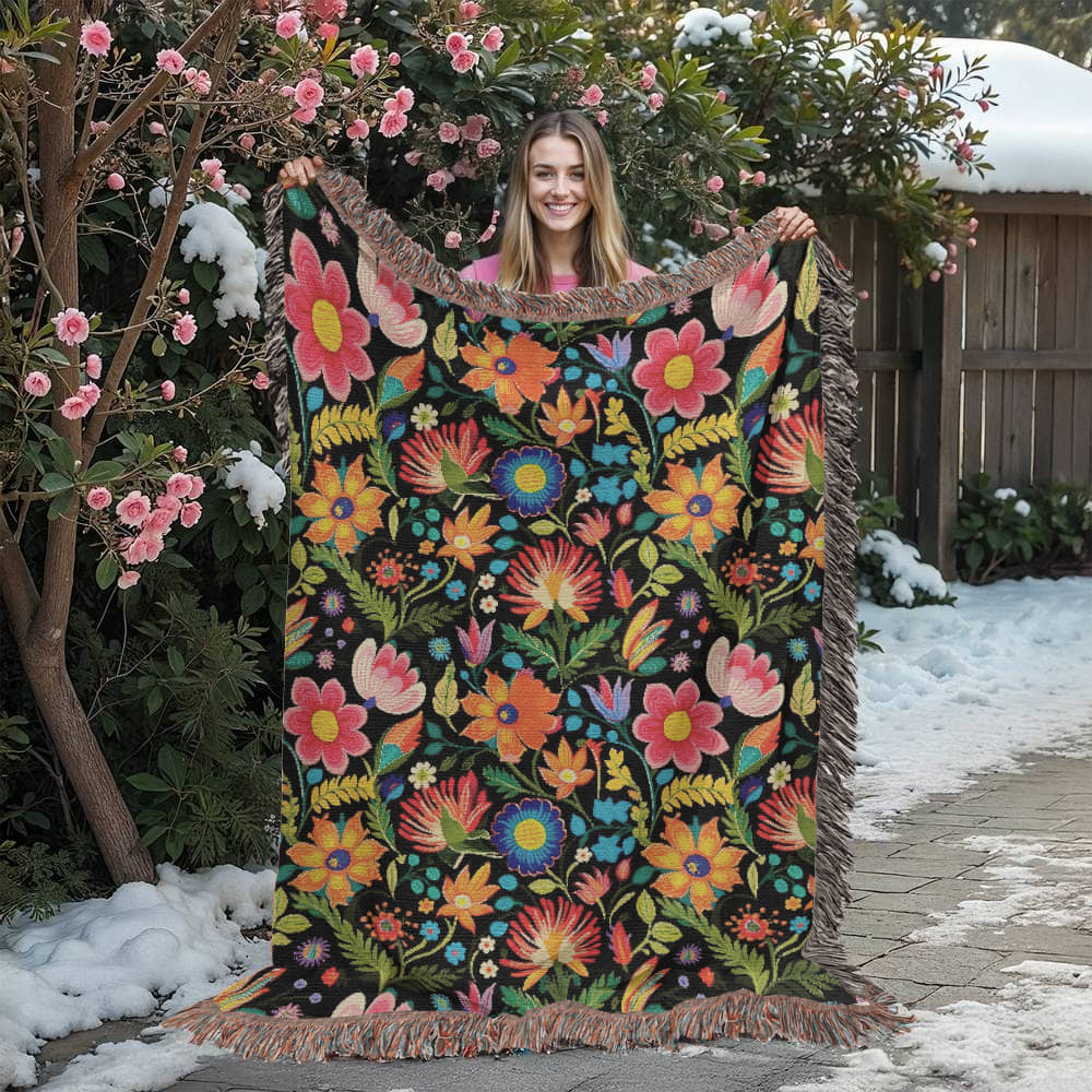 Mexican Floral Fiesta Pattern 039 - 60" x 80" Heirloom Woven Blanket
