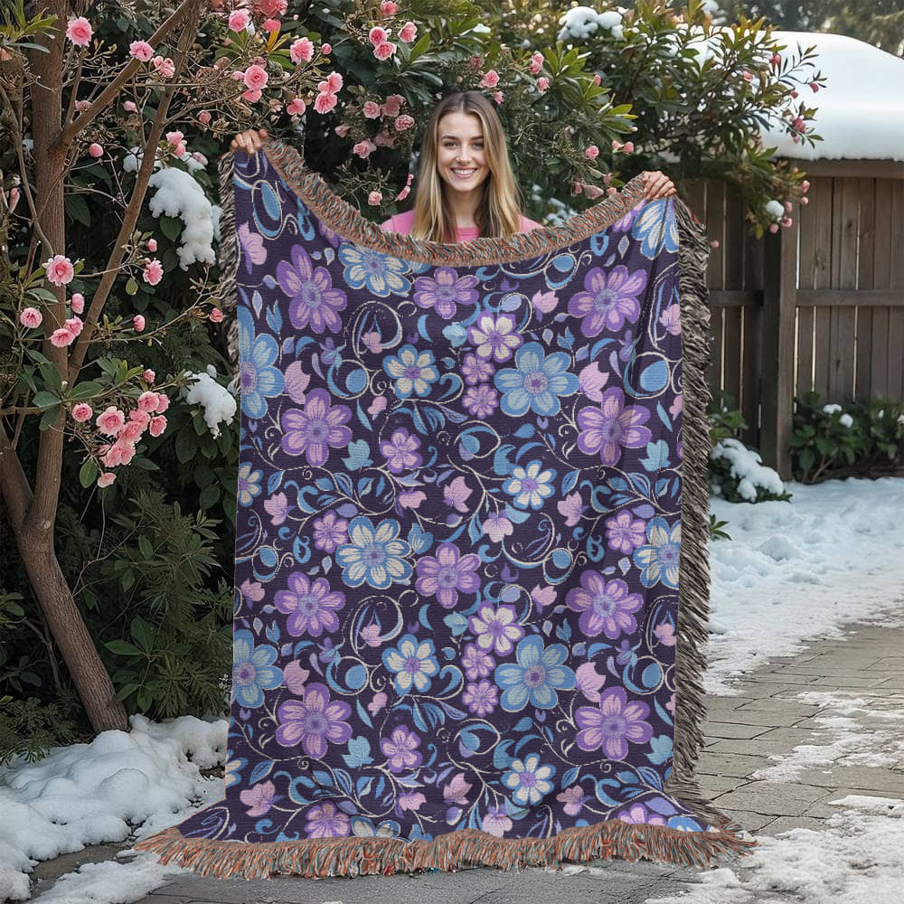 Blue And Purple Floral Pattern 003 - 60" x 80" Heirloom Woven Blanket