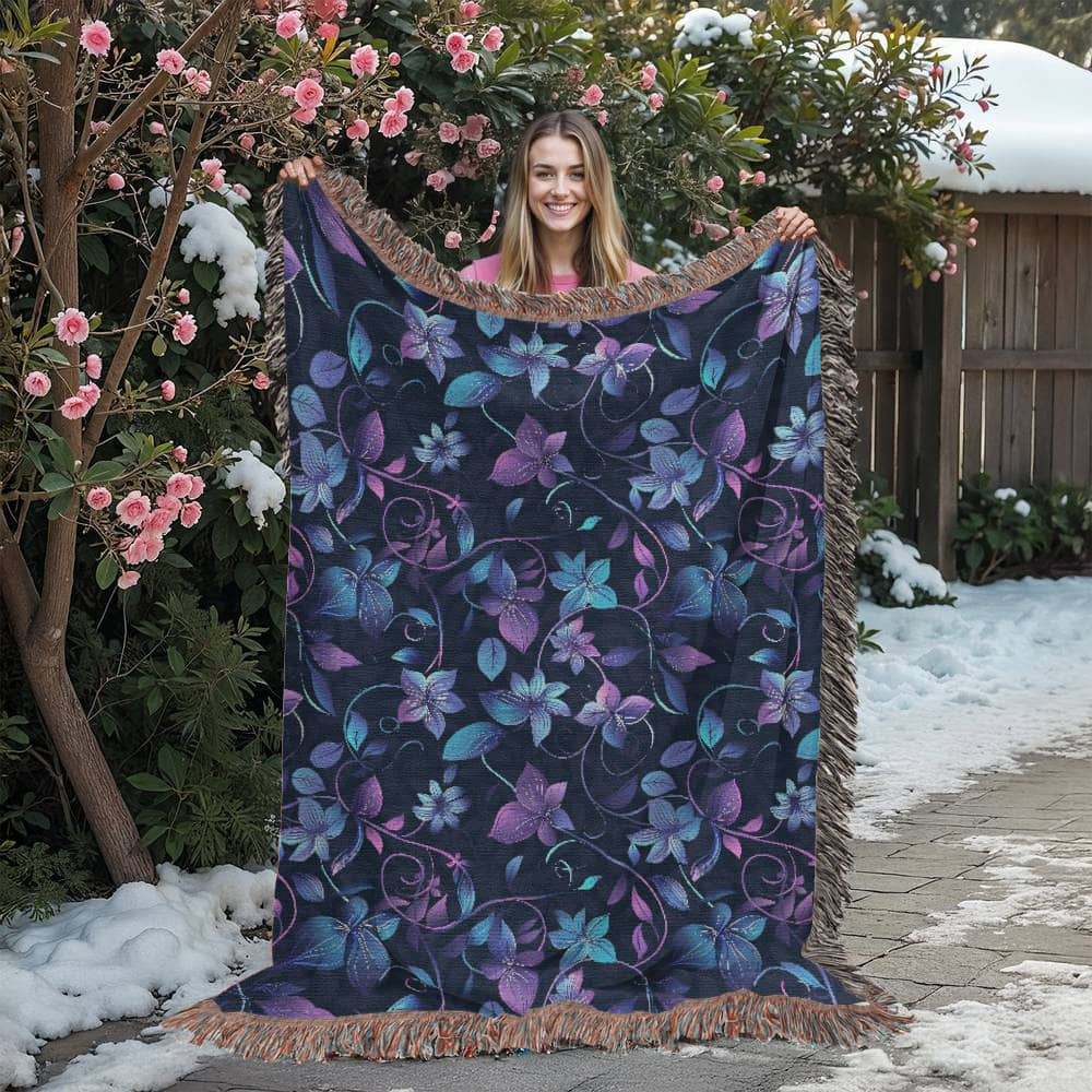 Blue And Purple Floral Pattern 002 - 60" x 80" Heirloom Woven Blanket