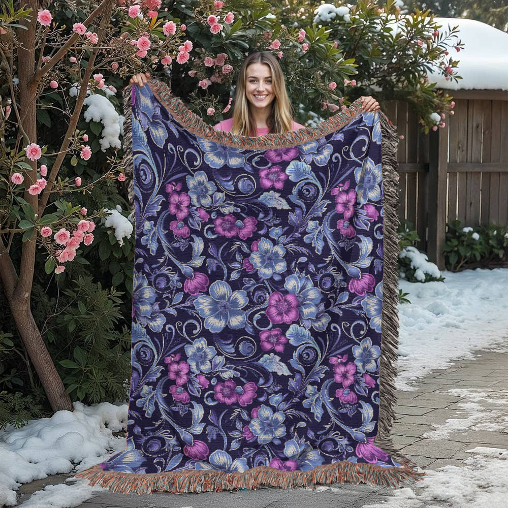Blue And Purple Floral Pattern 013 - 60" x 80" Heirloom Woven Blanket
