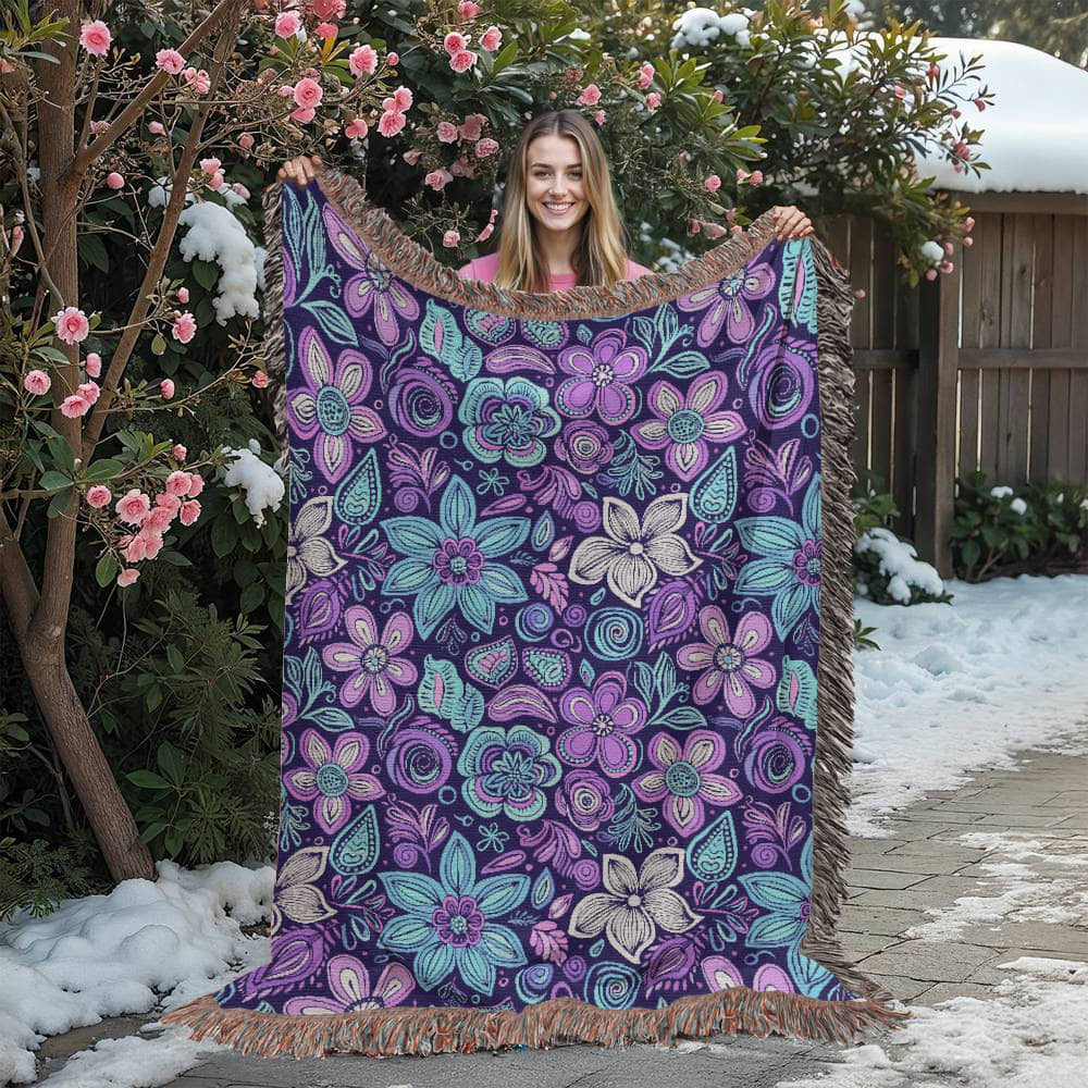 Blue And Purple Floral Pattern 005 - 60" x 80" Heirloom Woven Blanket