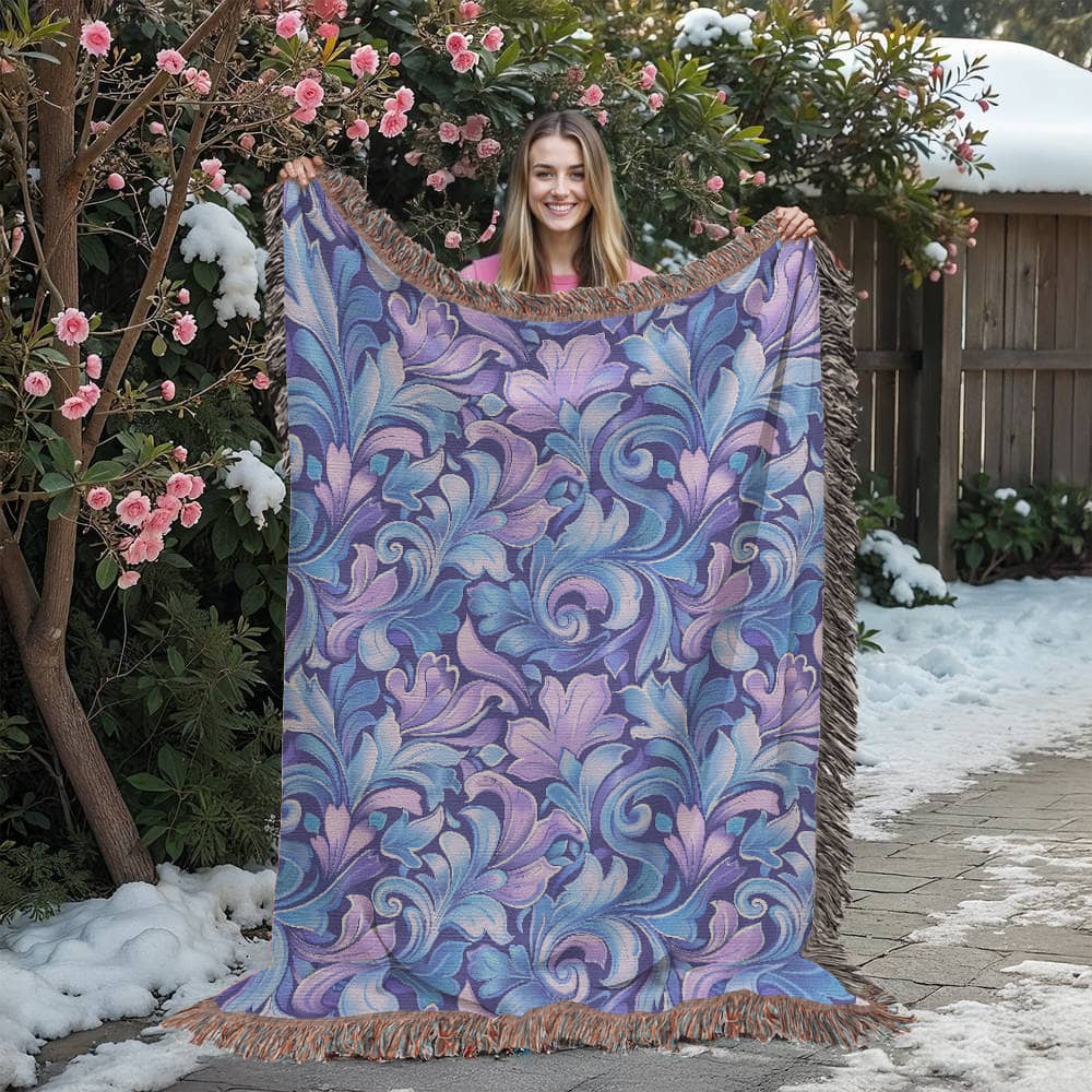 Blue And Purple Floral Pattern 010 - 60" x 80" Heirloom Woven Blanket