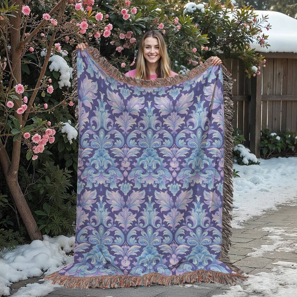 Blue And Purple Floral Pattern 018 - 60" x 80" Heirloom Woven Blanket