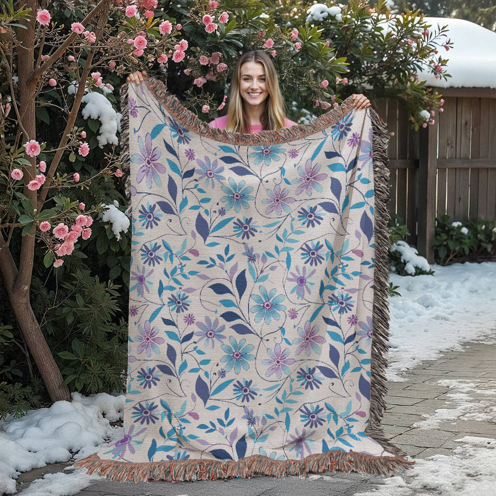 Blue And Purple Floral Pattern 019 - 60" x 80" Heirloom Woven Blanket