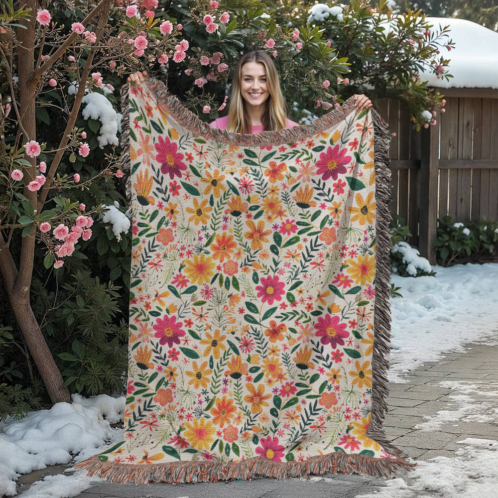 Mexican Floral Fiesta Pattern 004 - 60" x 80" Heirloom Woven Blanket