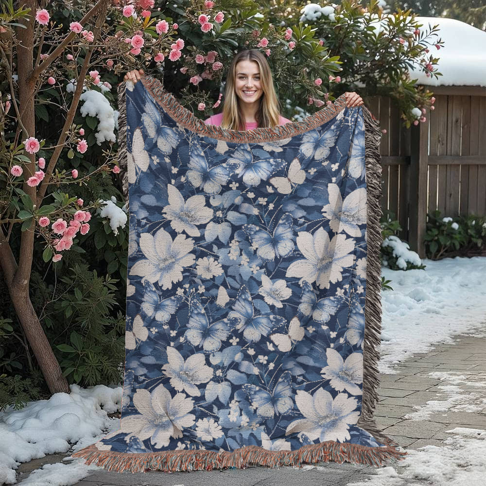Butterflies And Flowers Pattern 004 - 60" x 80" Heirloom Woven Blanket