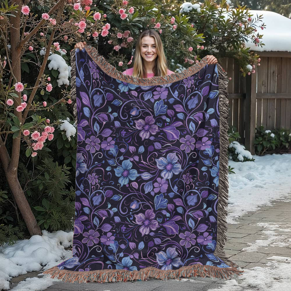 Blue And Purple Floral Pattern 011 - 60" x 80" Heirloom Woven Blanket