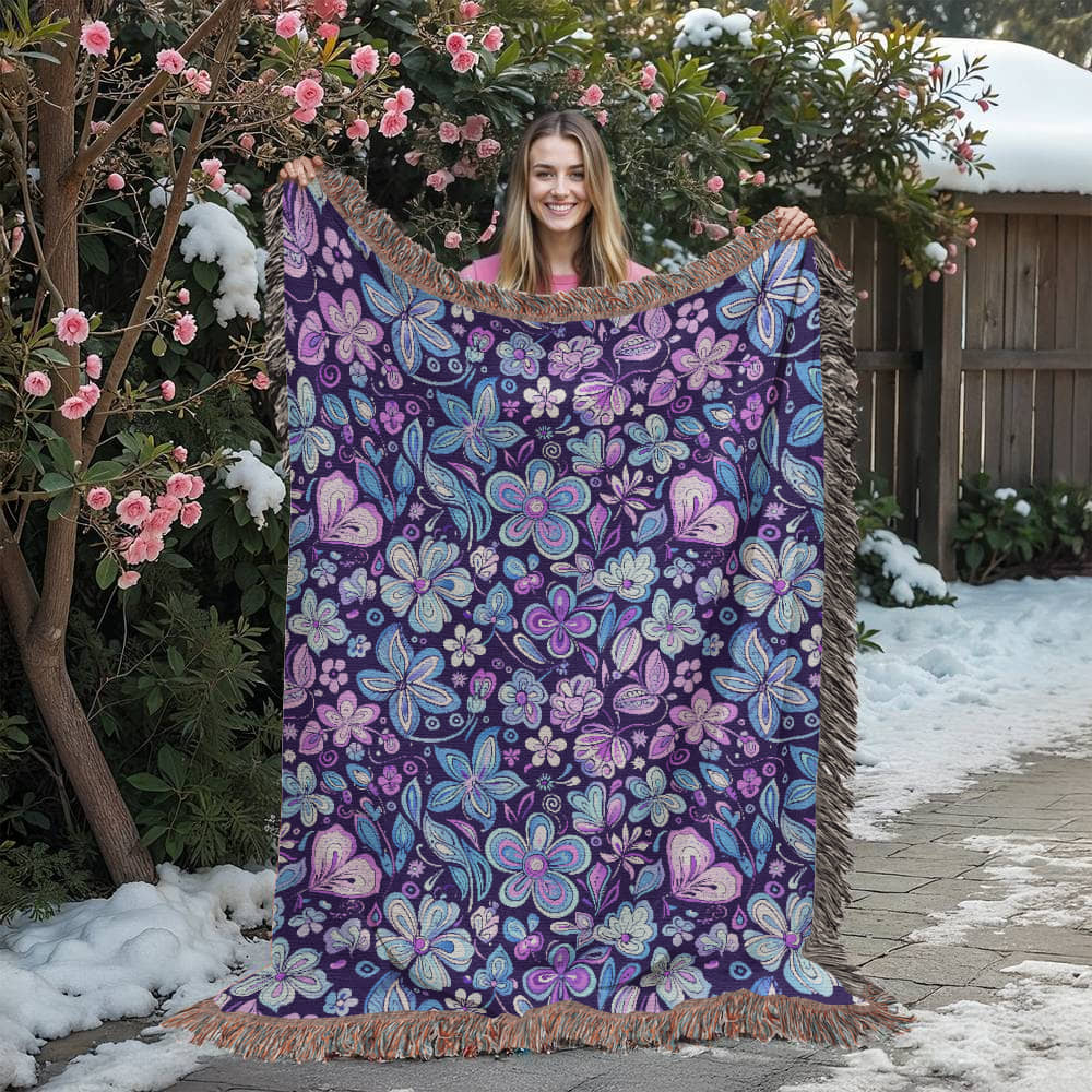 Blue And Purple Floral Pattern 001 - 60" x 80" Heirloom Woven Blanket