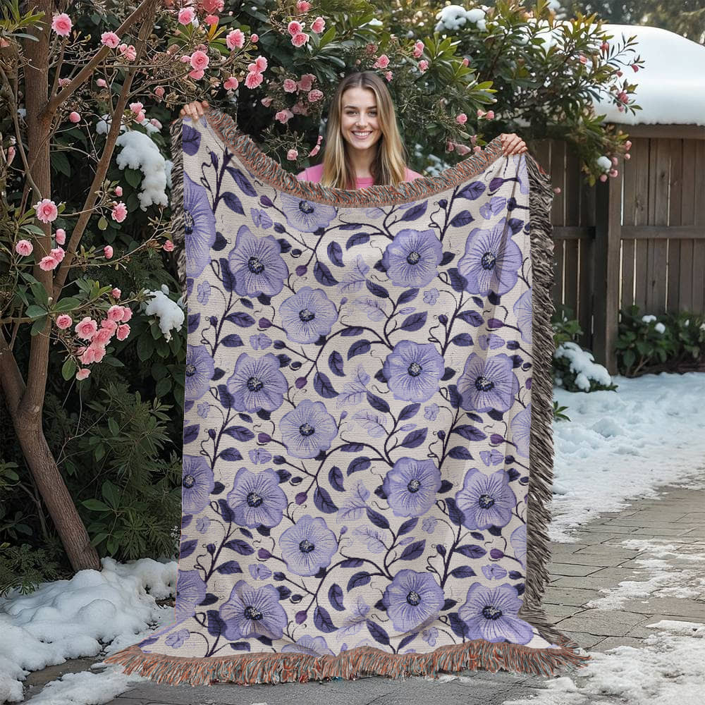 Blue And Purple Floral Pattern 028 - 60" x 80" Heirloom Woven Blanket