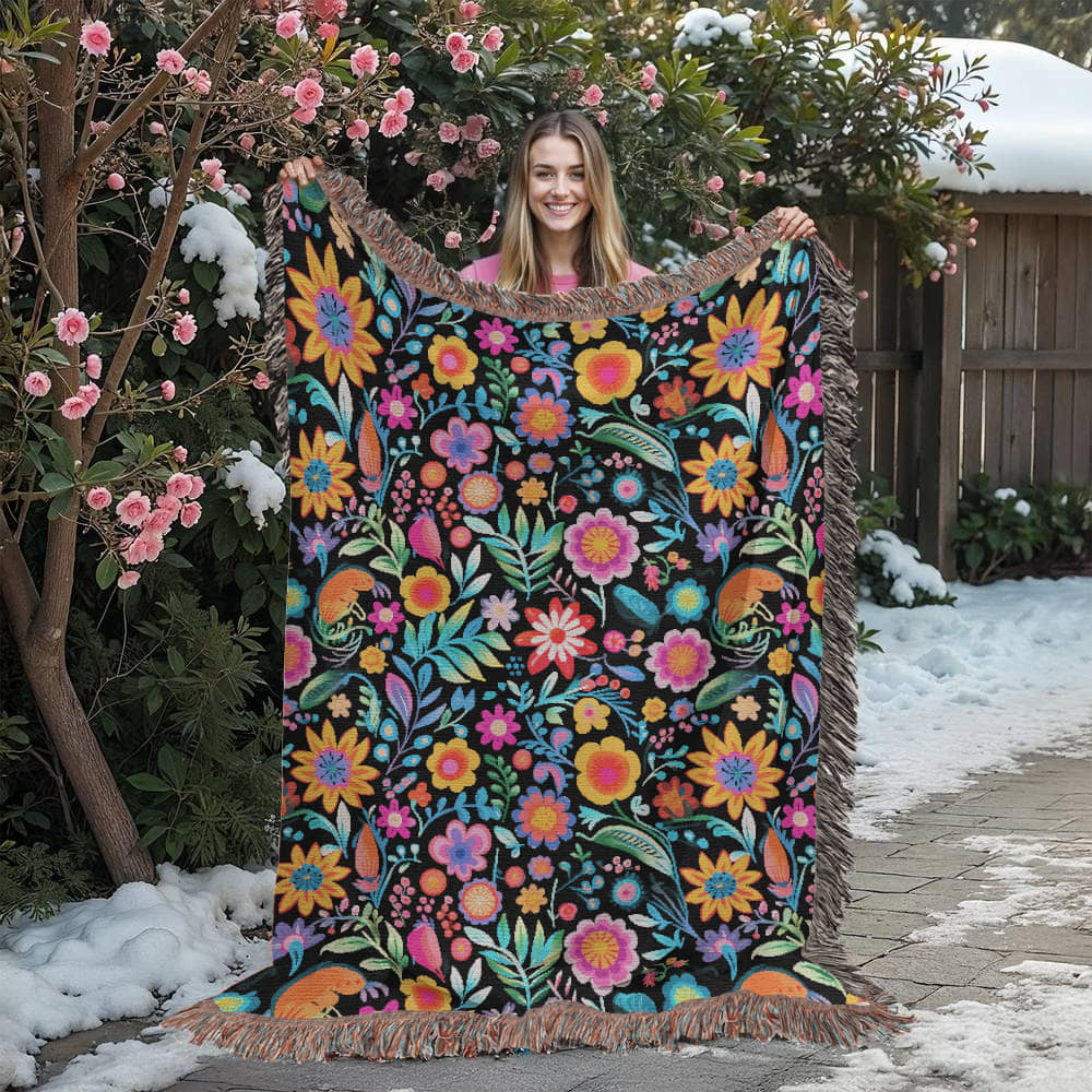 Mexican Floral Fiesta Pattern 060 - 60" x 80" Heirloom Woven Blanket