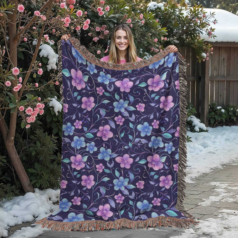 Blue And Purple Floral Pattern 026 - 60" x 80" Heirloom Woven Blanket