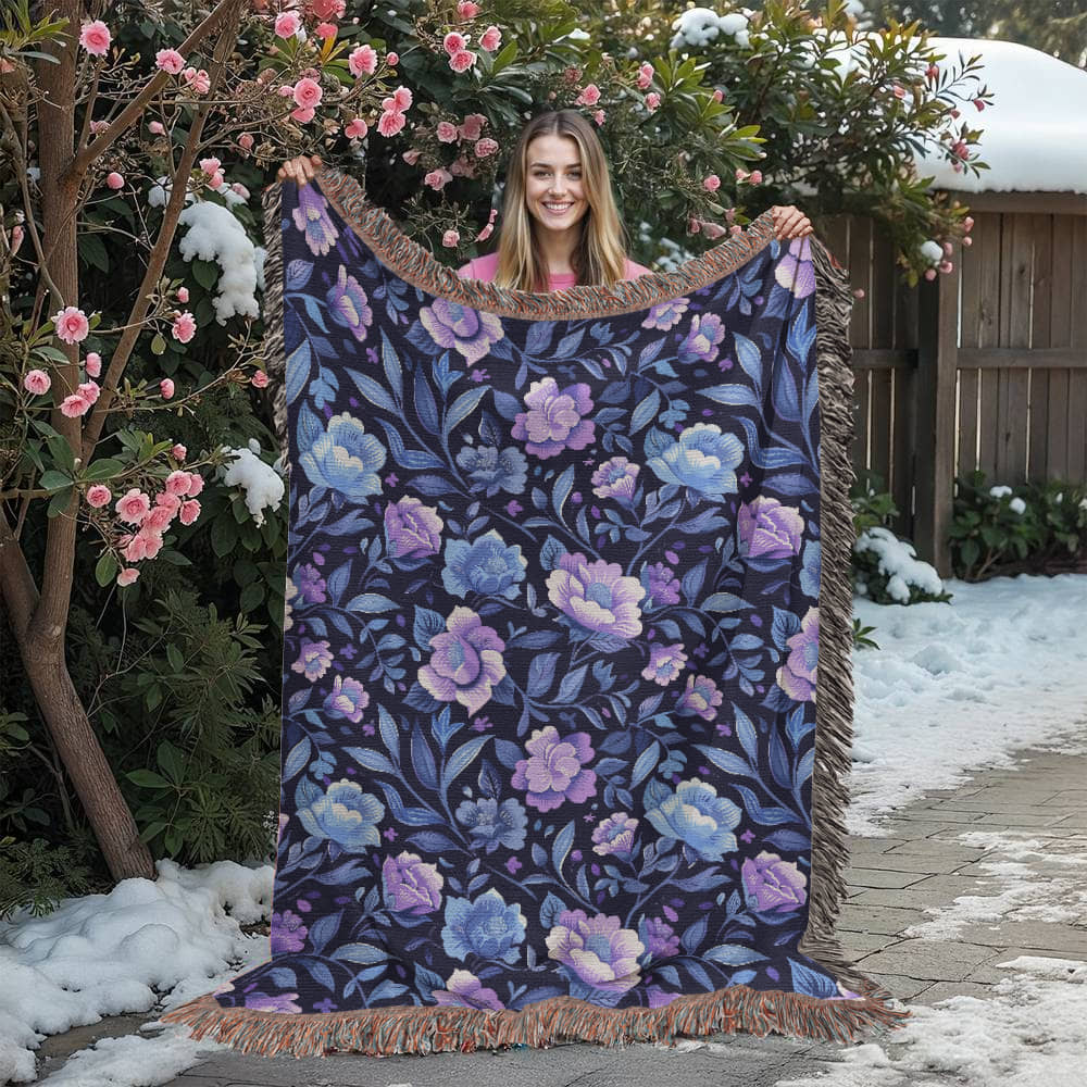Blue And Purple Floral Pattern 007 - 60" x 80" Heirloom Woven Blanket